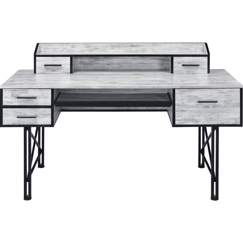 Industrial Black Computer Desk with Adjustable Hutch and Keyboard Tray