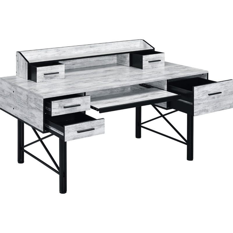 Industrial Black Computer Desk with Adjustable Hutch and Keyboard Tray