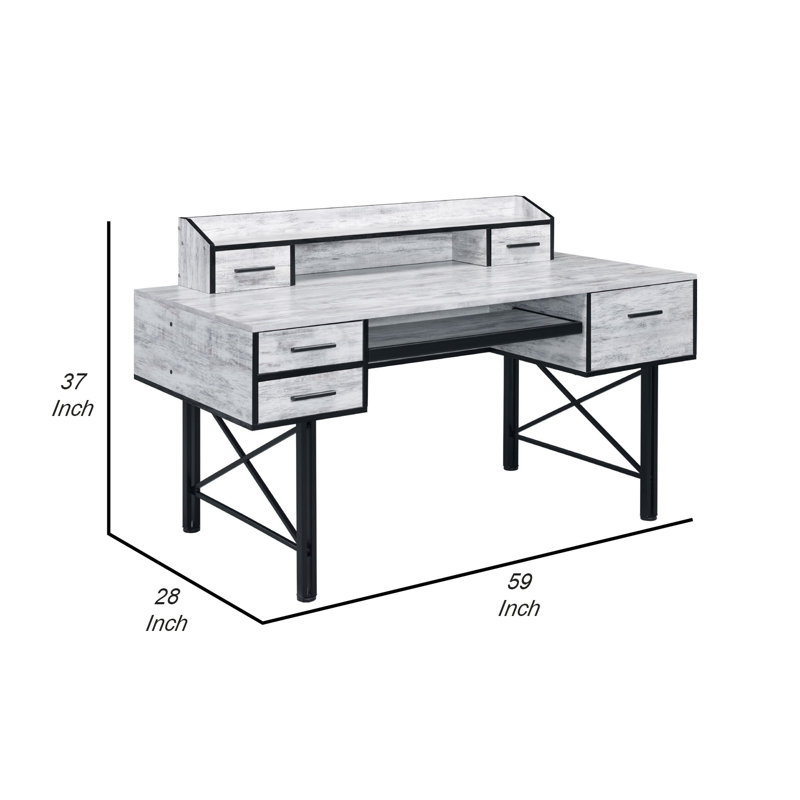 Industrial Black Computer Desk with Adjustable Hutch and Keyboard Tray