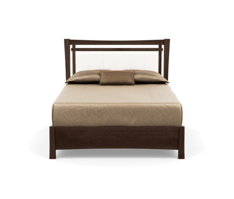 Full Smoke Cherry Wood Platform Bed with Coffee Leather Upholstered Headboard and Storage Drawers