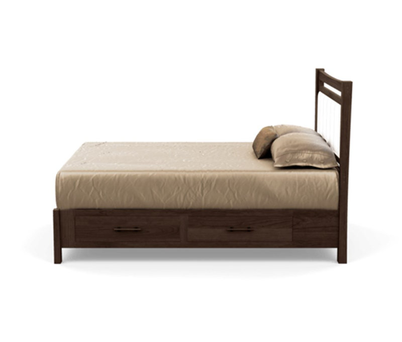 Full Smoke Cherry Wood Platform Bed with Coffee Leather Upholstered Headboard and Storage Drawers