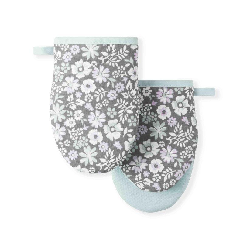 Ditsy Floral Gray and Blue Silicone Mini Oven Mitt Set