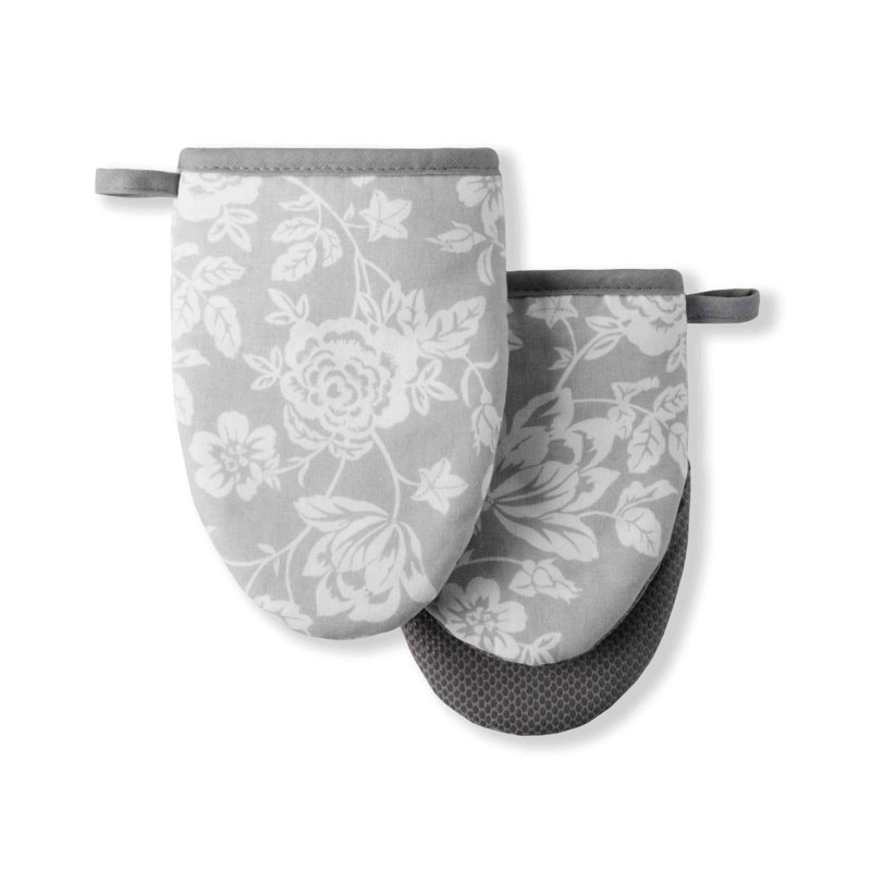 Gray Floral Vine Silicone Grip Mini Oven Mitt Set, 2 Piece