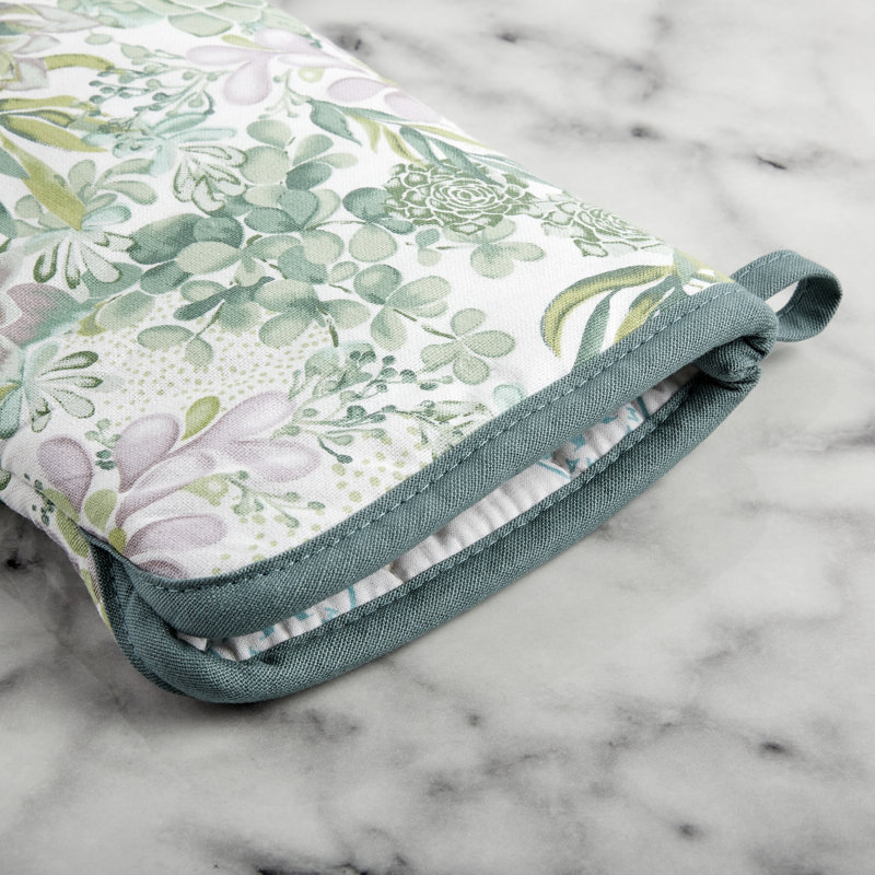 Green Succulent Print Cotton Oven Mitt Set, 2-Piece