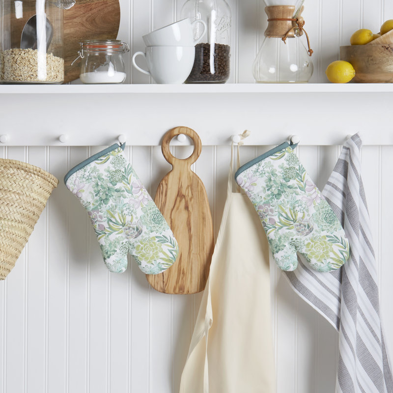 Green Succulent Print Cotton Oven Mitt Set, 2-Piece