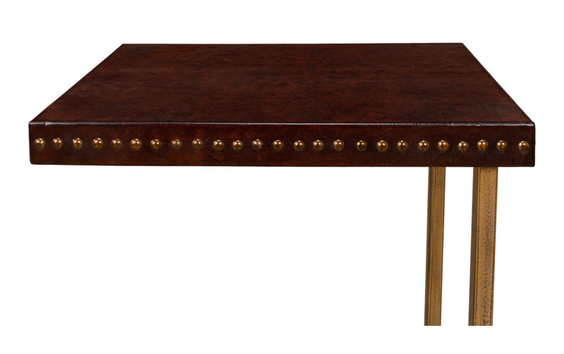 Brown Leather and Brass Rectangular Laptop End Table