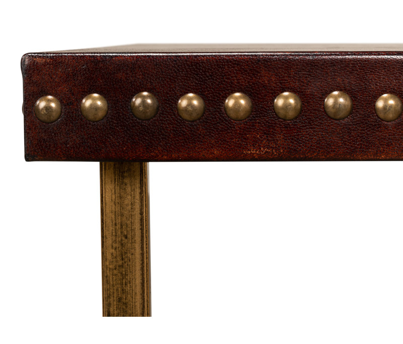 Brown Leather and Brass Rectangular Laptop End Table