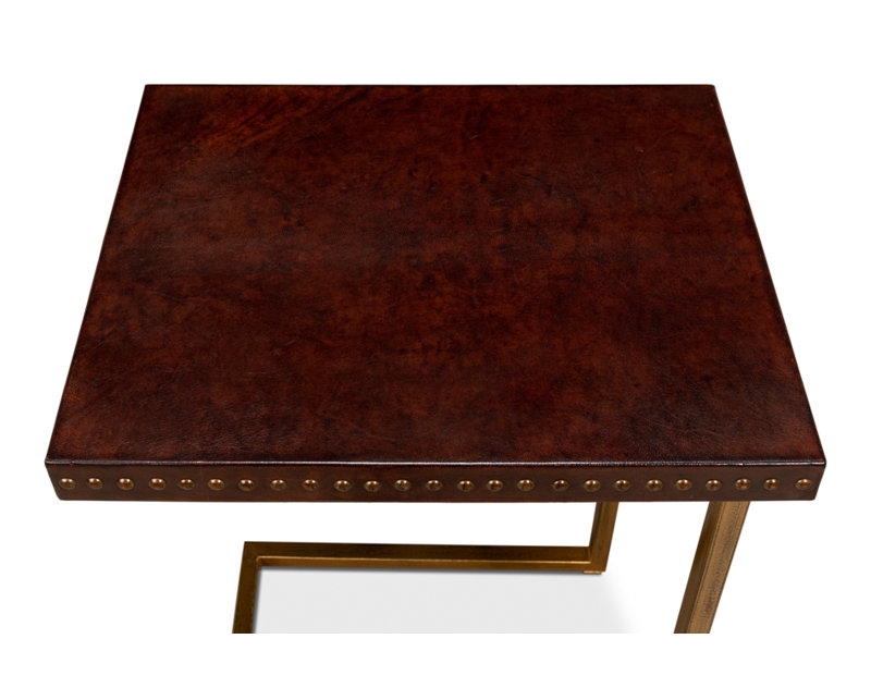Brown Leather and Brass Rectangular Laptop End Table