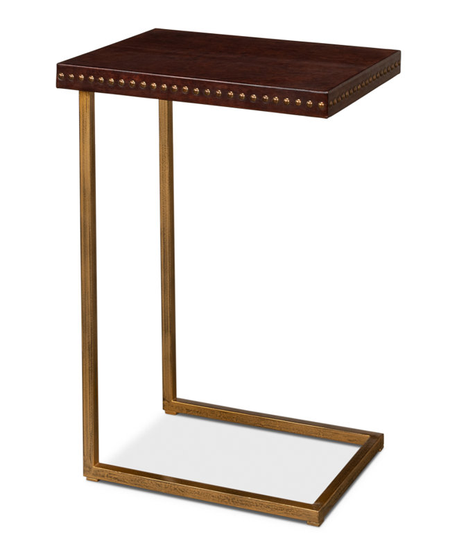 Brown Leather and Brass Rectangular Laptop End Table