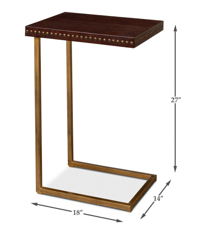 Brown Leather and Brass Rectangular Laptop End Table