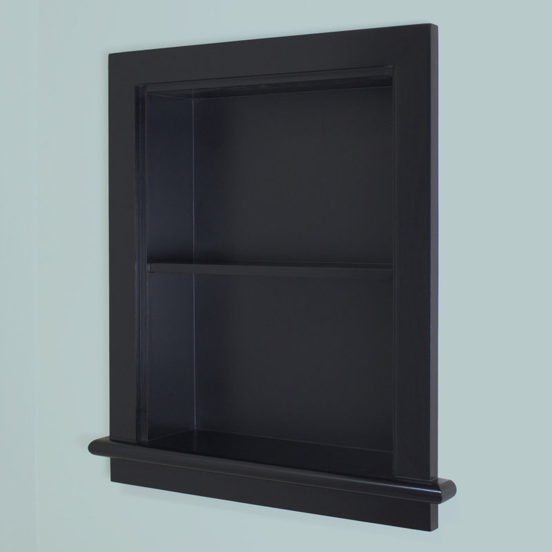 14x18 Black Wood Recessed Wall Shelf with Adjustable Shelves