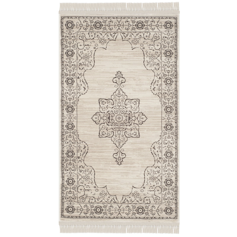 Elegant Cream and Gold Viscose 5'1" x 7'6" Traditional Area Rug