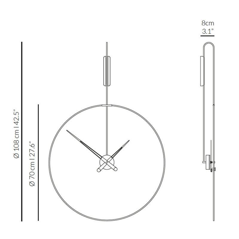 Large Walnut and Brass Minimalist Wall Clock