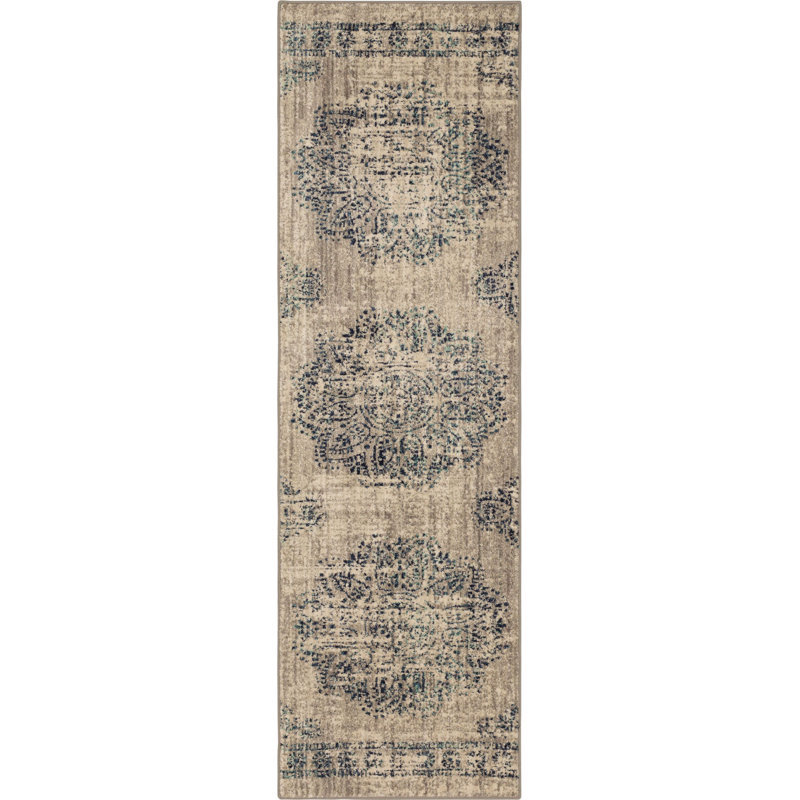 Gray and Indigo Synthetic Medallion Runner Rug