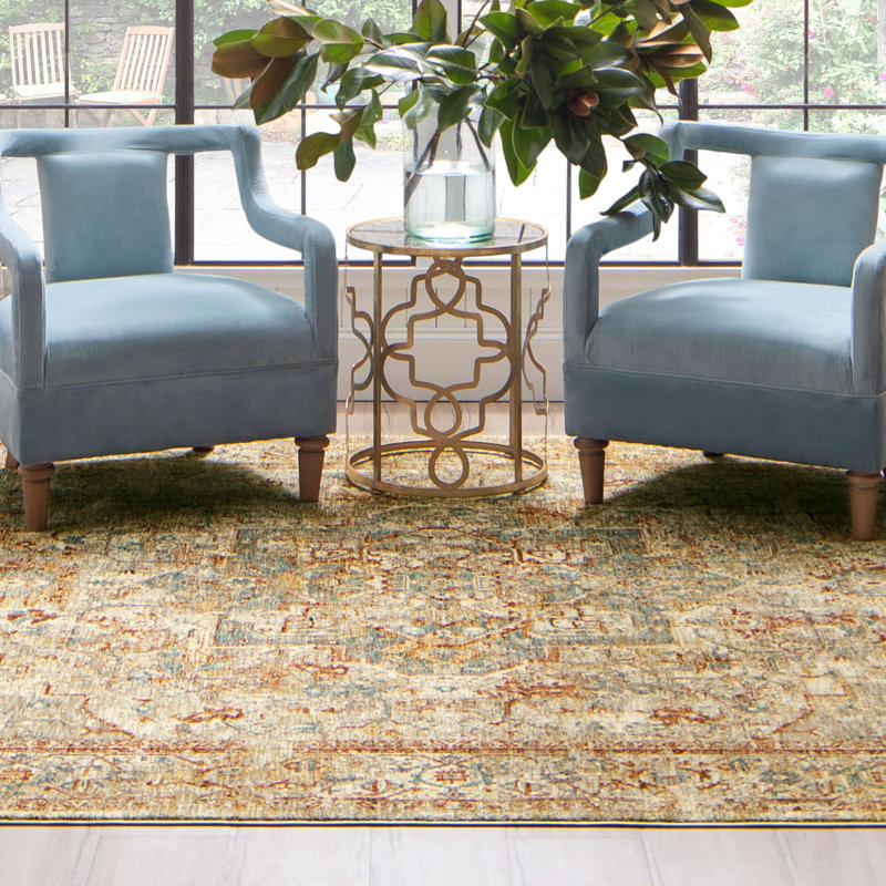 Luminous Blue Vintage-Style 9'x12' Area Rug with Micro-Fringe