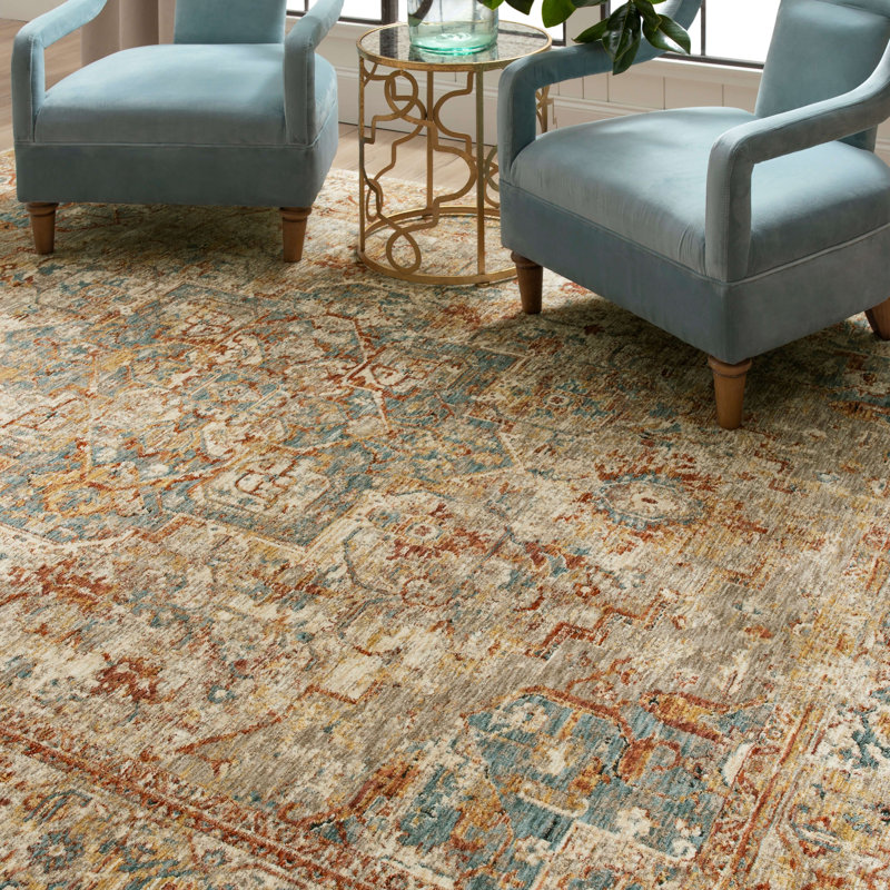 Luminous Blue Vintage-Style 9'x12' Area Rug with Micro-Fringe