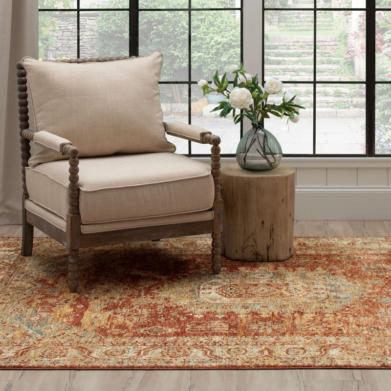 Rust Red Rectangular Stain-Resistant Synthetic Area Rug