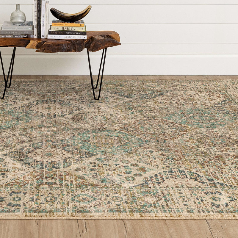 Blue and Beige Synthetic Stain-Resistant 8' x 11' Area Rug