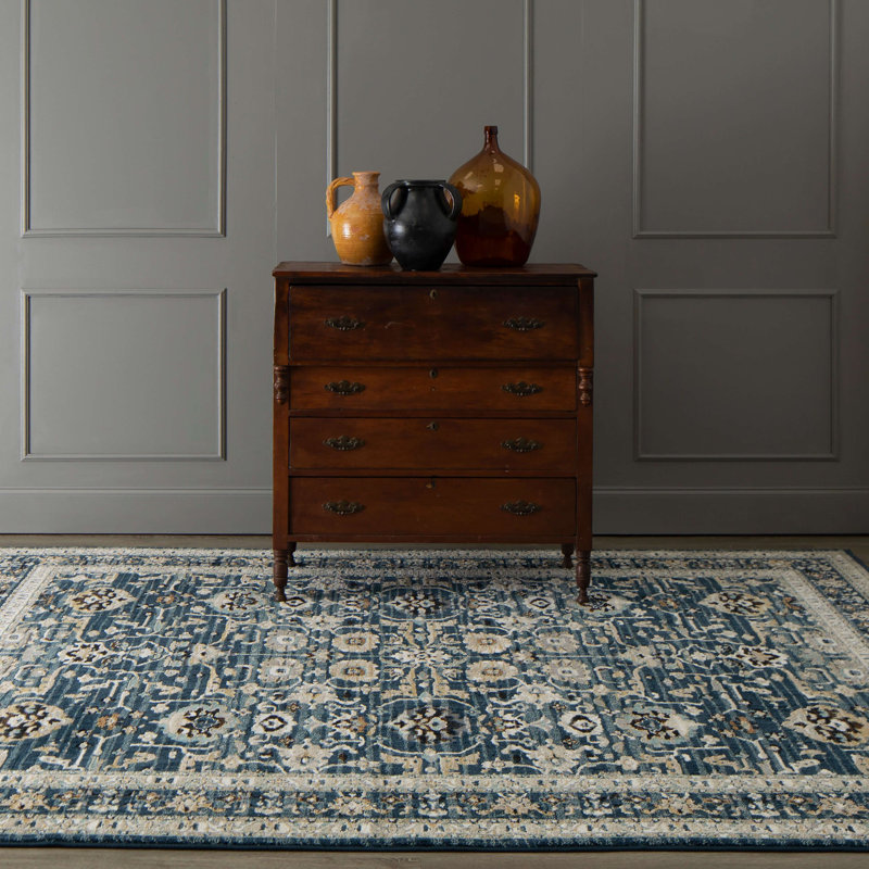 Majolica Blue Rectangular Easy-Care Viscose Silk Area Rug
