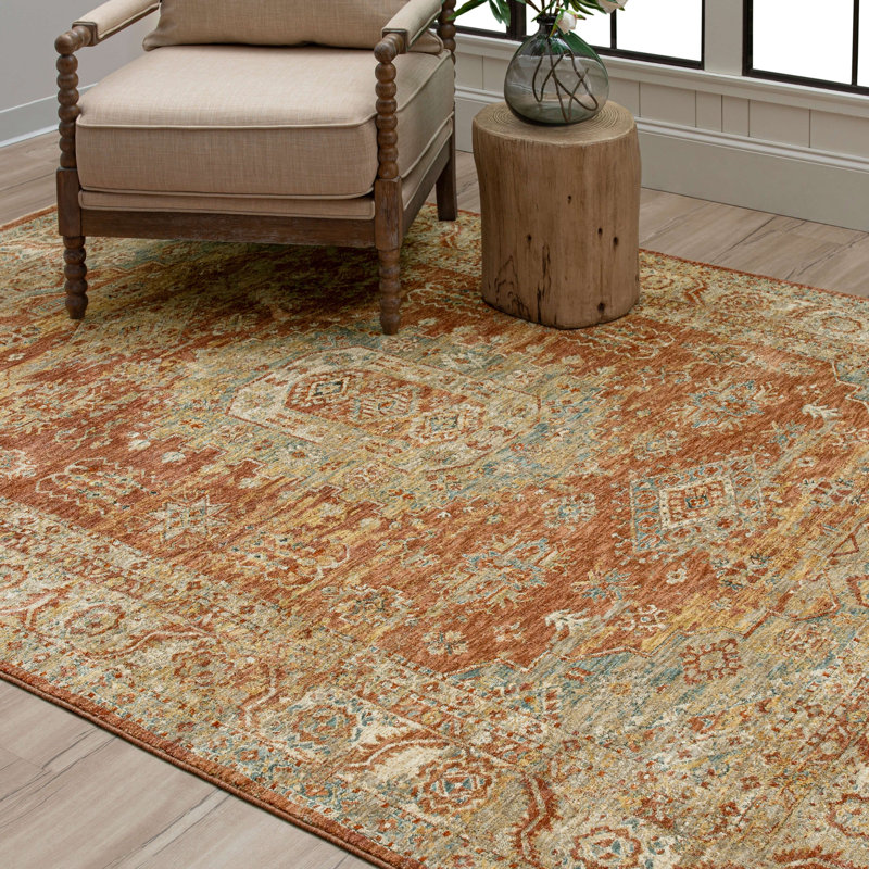 Rust Red Rectangular Stain-Resistant Synthetic Area Rug