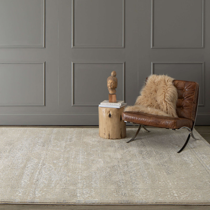 Ivory Abstract Rectangular Viscose-Silk Blend Rug