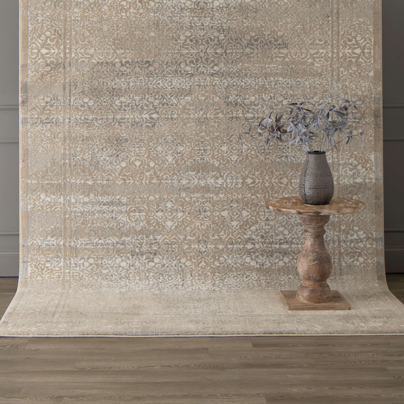 Ivory Abstract Rectangular Viscose-Silk Blend Rug