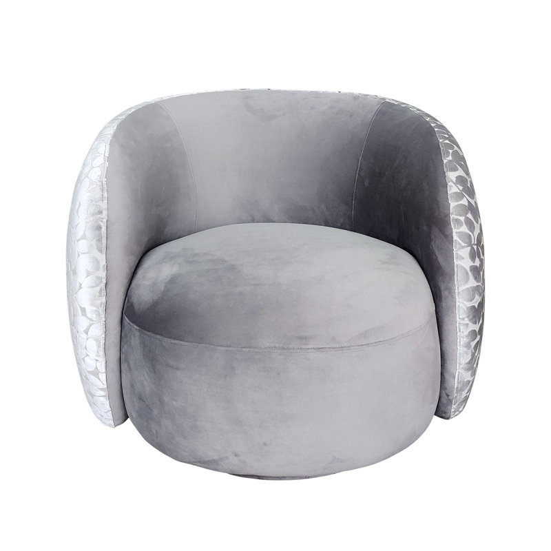 Gray Upholstered Swivel Barrel Chair with Round Arms