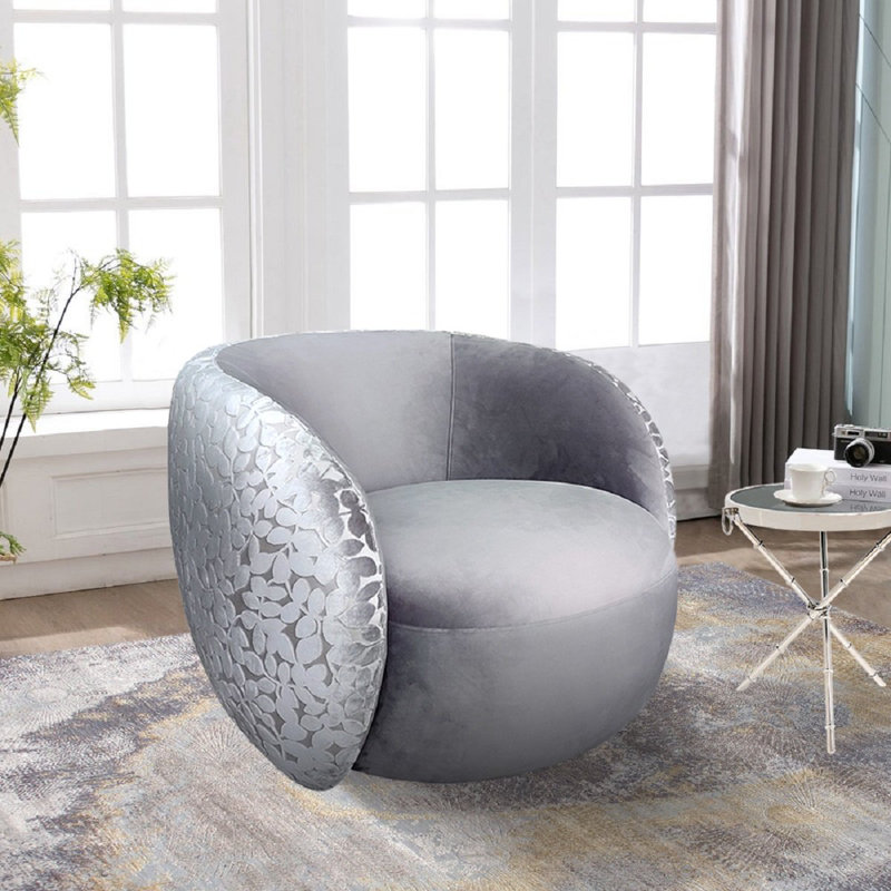 Gray Upholstered Swivel Barrel Chair with Round Arms