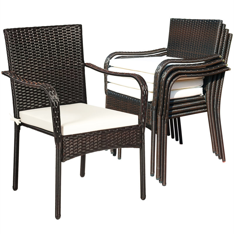 Set of 4 Brown Rattan Dining Chairs with Off-White Cushions