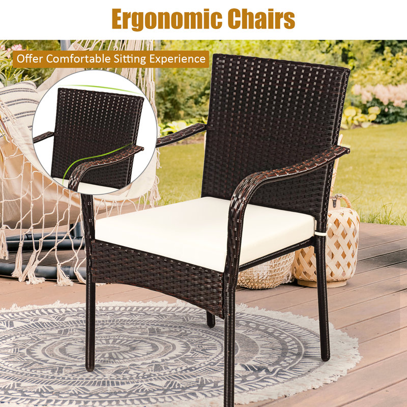 Set of 4 Brown Rattan Dining Chairs with Off-White Cushions
