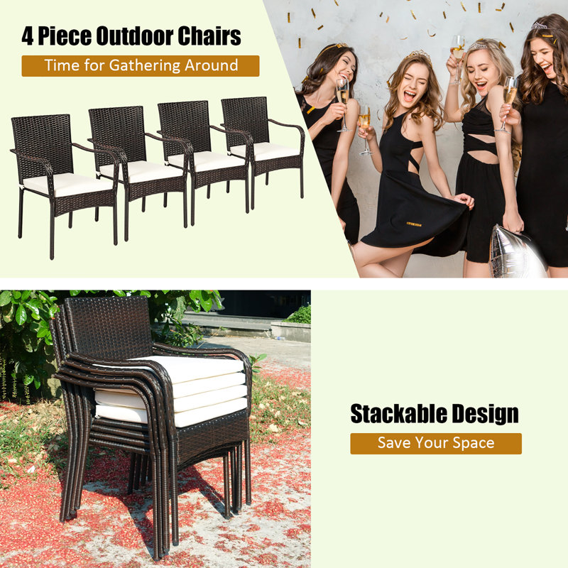 Set of 4 Brown Rattan Dining Chairs with Off-White Cushions