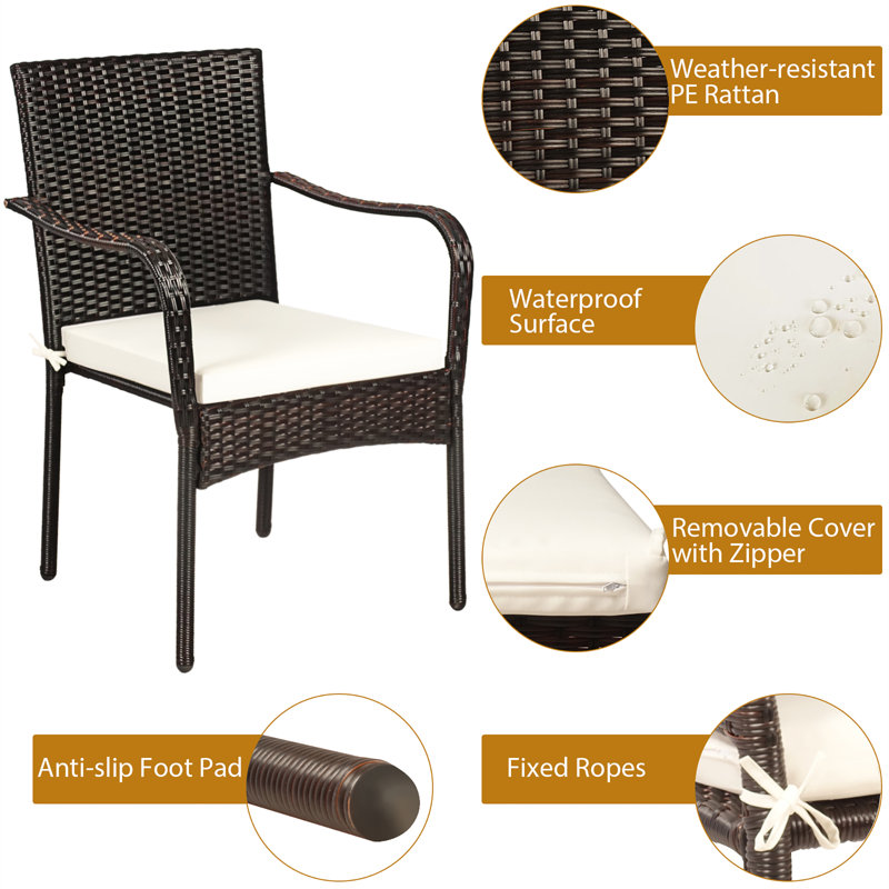 Set of 4 Brown Rattan Dining Chairs with Off-White Cushions