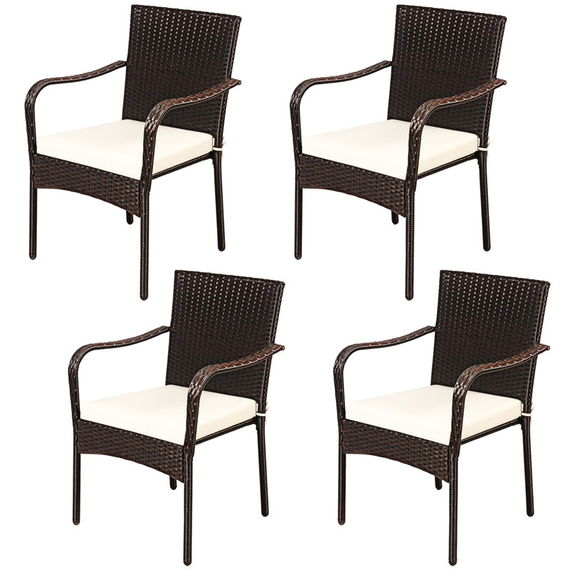 Set of 4 Brown Rattan Dining Chairs with Off-White Cushions