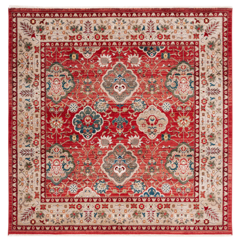 Red and Beige Floral Square Synthetic Area Rug