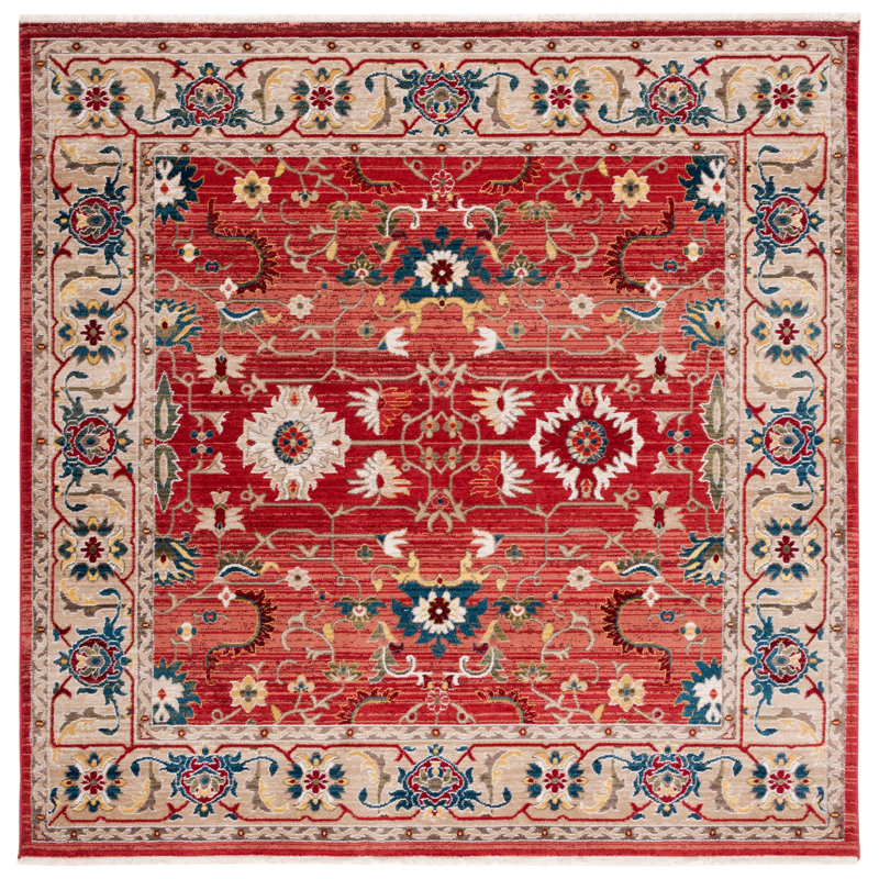 Hand-Knotted Red Floral Synthetic Square Rug 79" x 79"