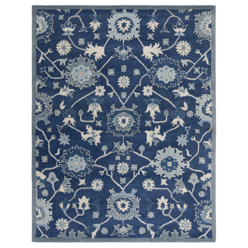 Chic Floral Blue/Ivory Hand-Knotted Wool Area Rug 8' x 10'