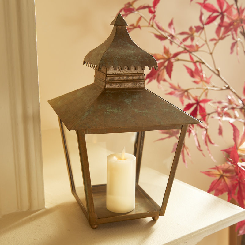 Patina Iron and Glass Hanging Candle Lantern, 12.5"