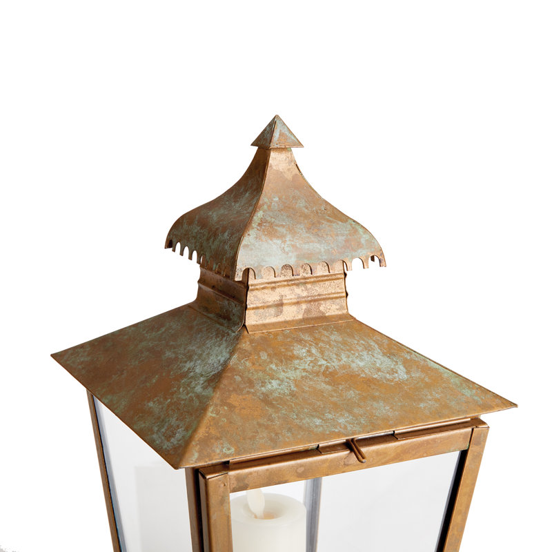 Patina Iron and Glass Hanging Candle Lantern, 12.5"