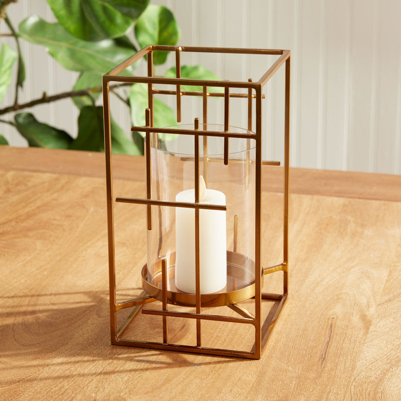 Gold Geometric Iron and Glass Hurricane Candle Holder