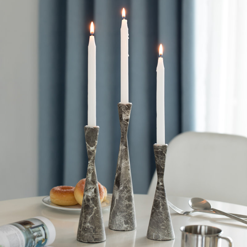 Elegant Gray Marble Resin Taper Candlestick Trio for Tabletop Decor
