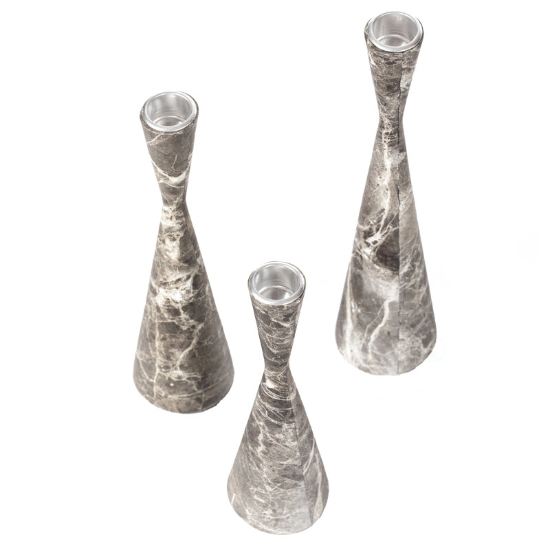 Elegant Gray Marble Resin Taper Candlestick Trio for Tabletop Decor
