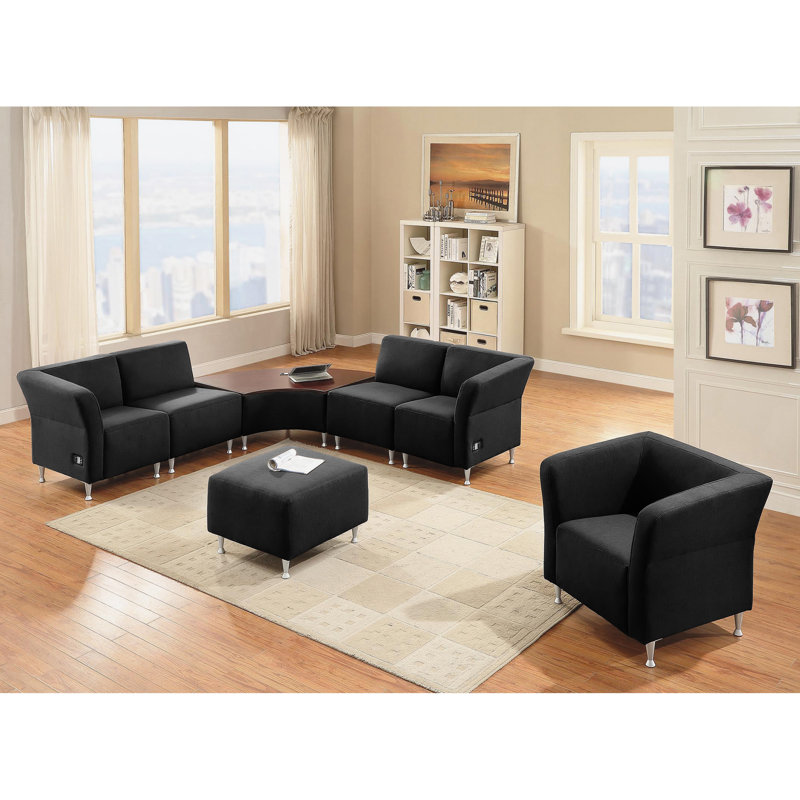 Black Leather Lounge Bench with Brushed Aluminum Legs