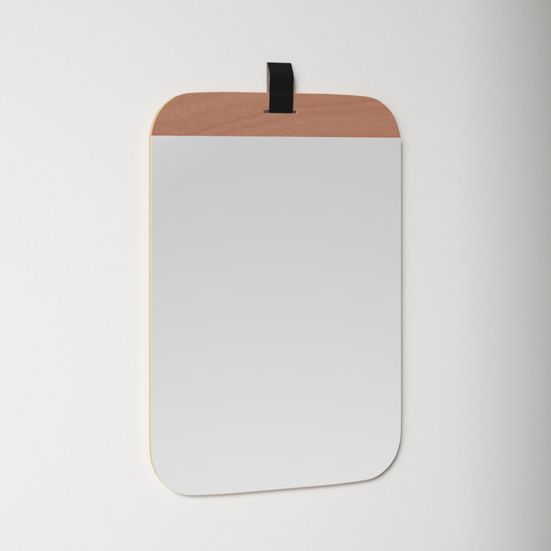 Modern Farmhouse Blonde Wood Rectangular Wall Mirror with Gold Leather Strap