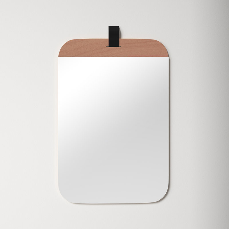 Modern Farmhouse Blonde Wood Rectangular Wall Mirror with Gold Leather Strap