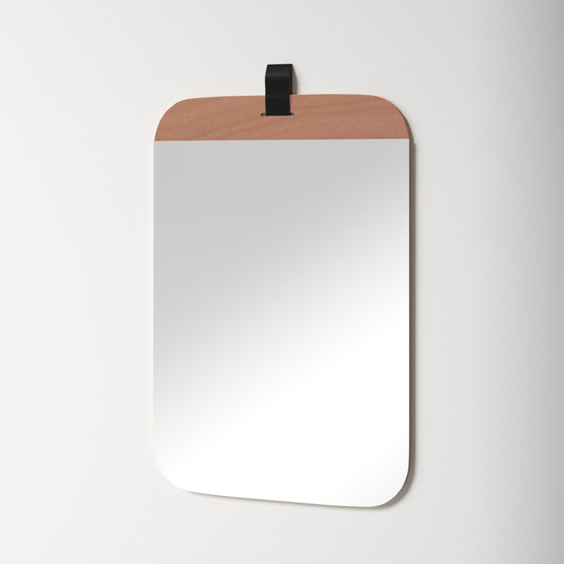 Modern Farmhouse Blonde Wood Rectangular Wall Mirror with Gold Leather Strap