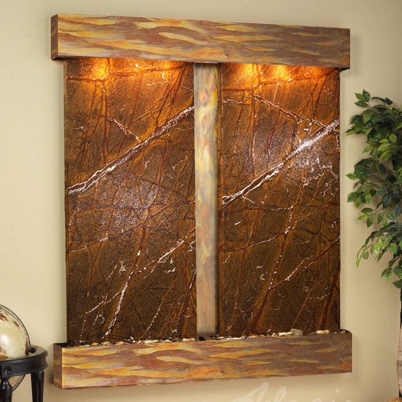 Rainforest Brown Marble and Rustic Copper Wall Fountain with Lights