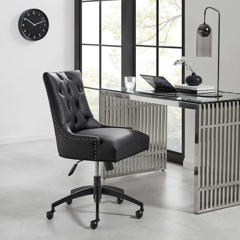 Vintage Glam Deco Black Vegan Leather Swivel Office Chair