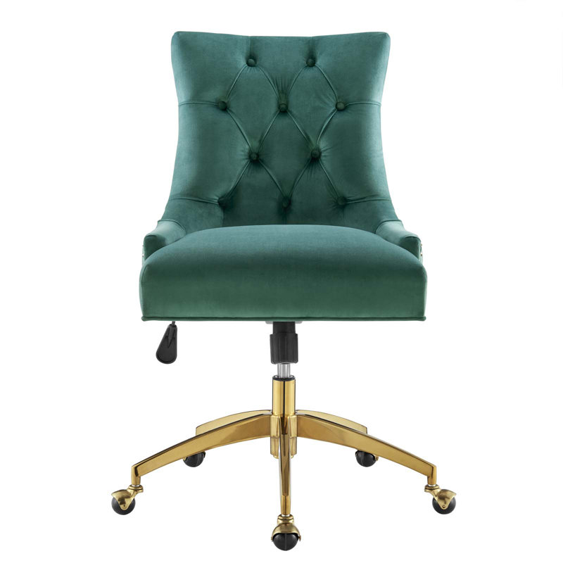 Teal Velvet Tufted Swivel Office Chair with Gold Base