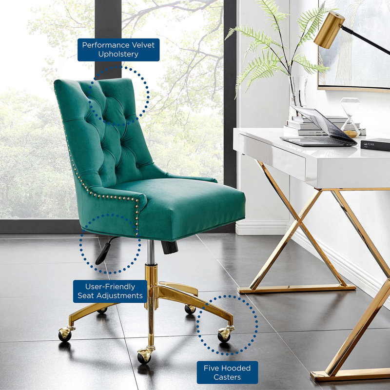 Teal Velvet Tufted Swivel Office Chair with Gold Base