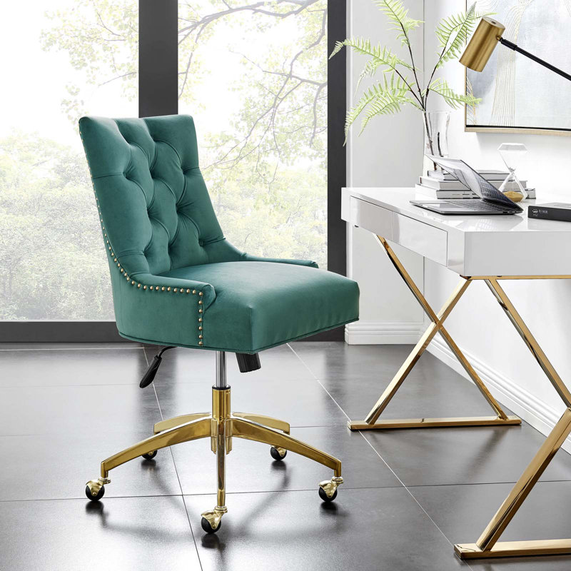 Teal Velvet Tufted Swivel Office Chair with Gold Base